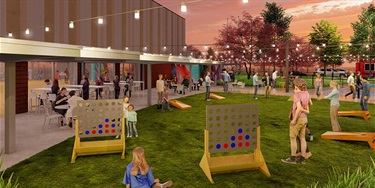 Rendering of outdoor recreation area with families playing and shaded seating.