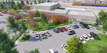 Aerial view of conceptual rendering of Old Town Activity Center east entrance and parking.