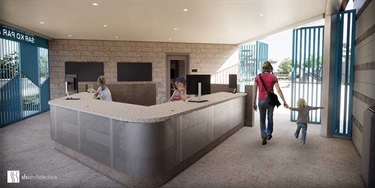 Conceptual rendering of front desk admissions area for pool.