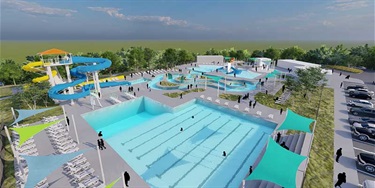 Conceptual rendering of renovated pool from lap lanes and diving boards.