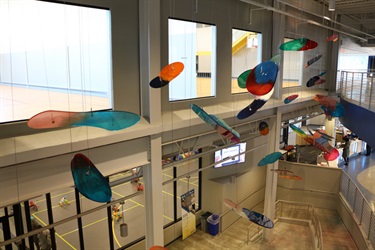 Splash hanging sculpture. Splash: This 65-foot-long abstract sculpture of cold cast glass panels hangs in the Lenexa Rec Center lobby and captures the experience of entering water. Created by artist Shan Shan Sheng.