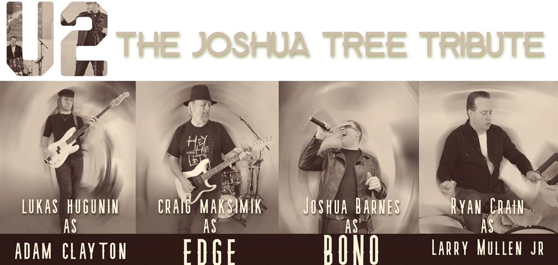 photo art of four men playing instruments for The Joshua Tree Tribute band