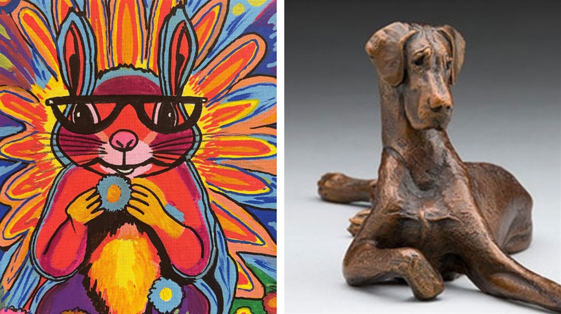 colorful painting of squirrel, bronze sculpture of reclining dog