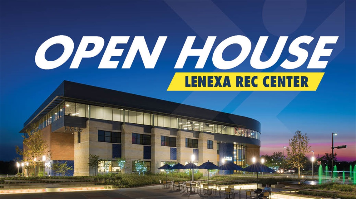 Lenexa Rec Center at dusk with text Open House