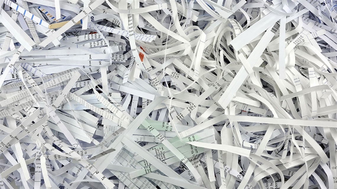 Closeup view of shredded paper documents