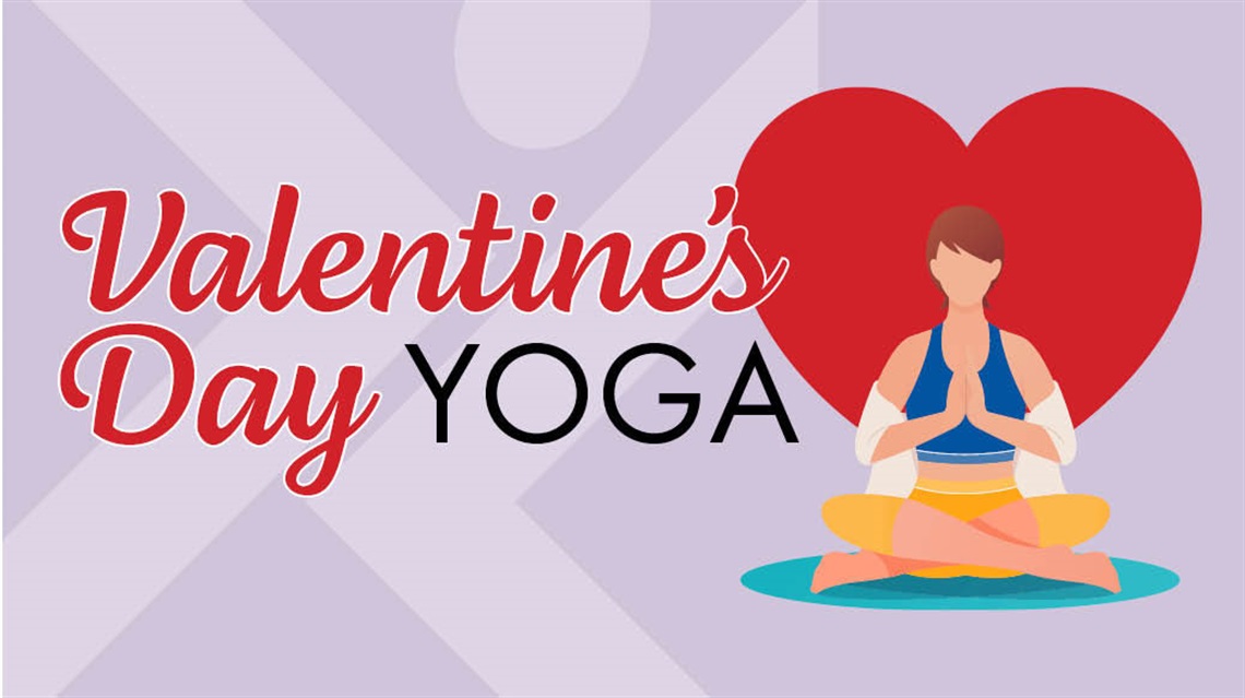 Valentine's Day Yoga graphic with illustration of woman seated cross legged in front of a red heart