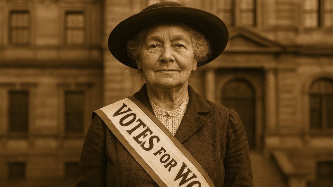 Historical ai generated older woman stands in front of civic building with sash that says votes for women