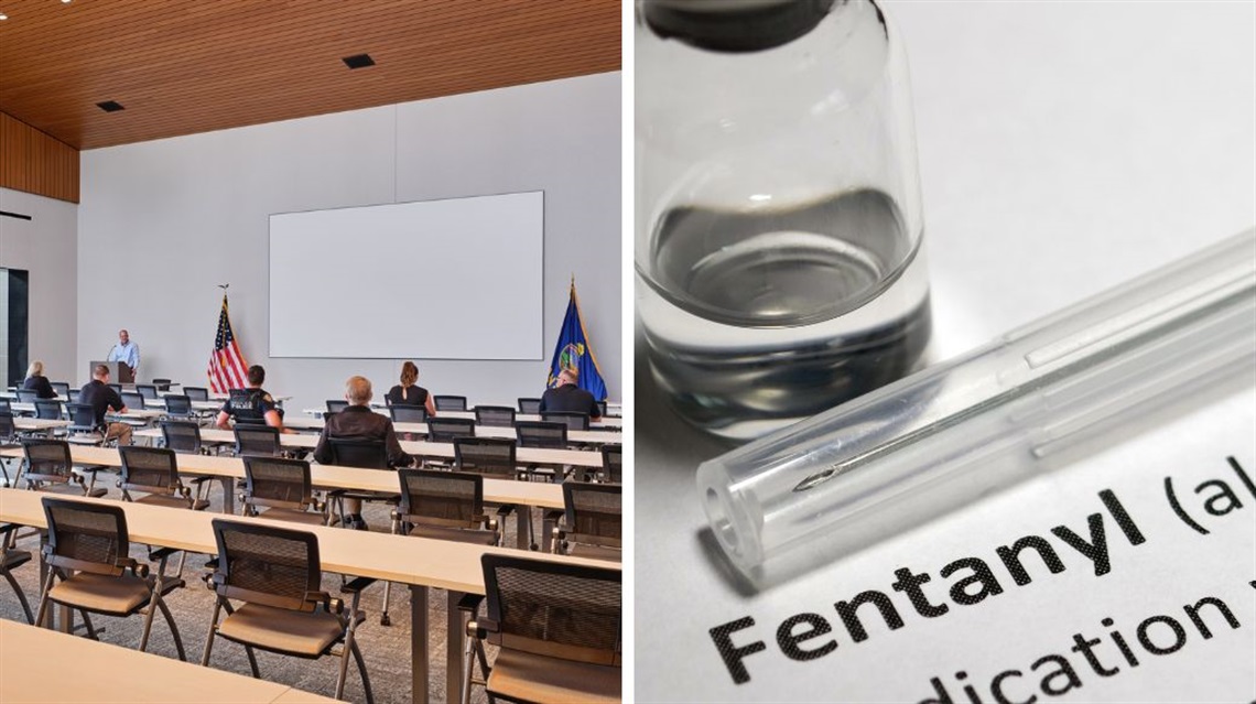 Two-image collage showing session in the community room at the Lenexa Justice Center and fentanyl stock photo