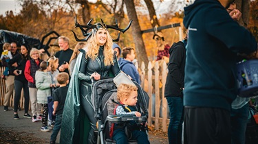 Mom in costume pushing stroller