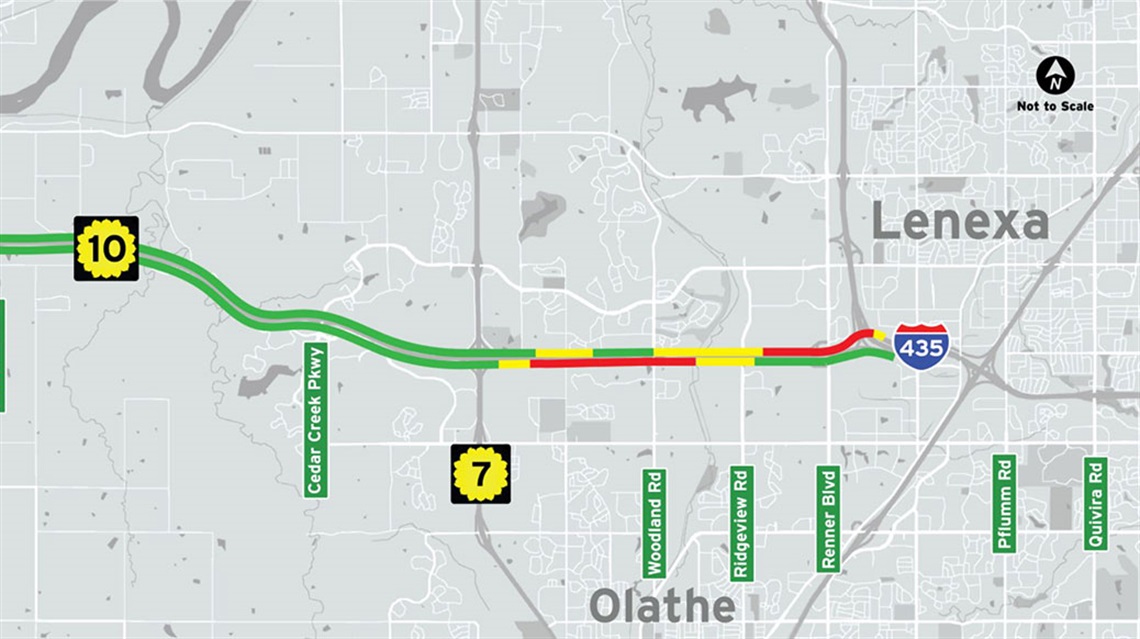 map showing areas of congestion along K-10 highway corridor