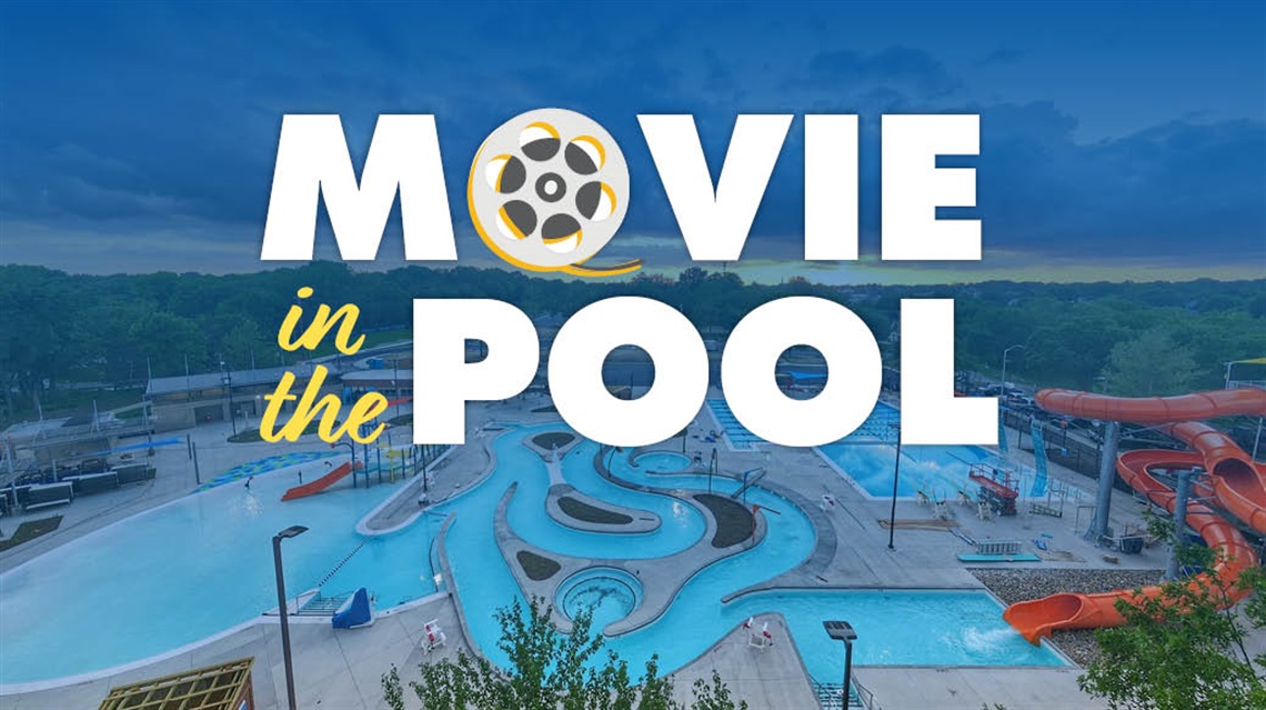 Movie in the Pool graphic overlaid on photos of Sar-Ko-Par Aquatic Center