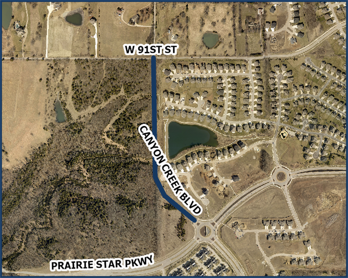 Canyon Creek Boulevard extension from Prairie Star Parkway to 91st Street map