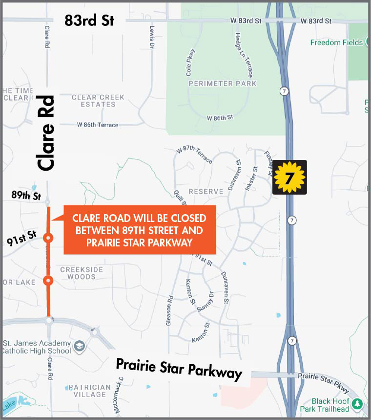 Map showing Clare Road closure between 89th Street and Prairie Star Parkway