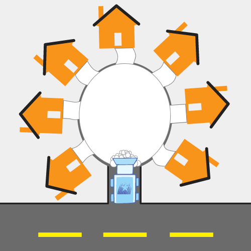 Animation showing snow plow operations in a cul-de-sac surrounded by houses