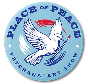 Place of Peace Veterans' Art Show logo with flapping dove holding paintbrush