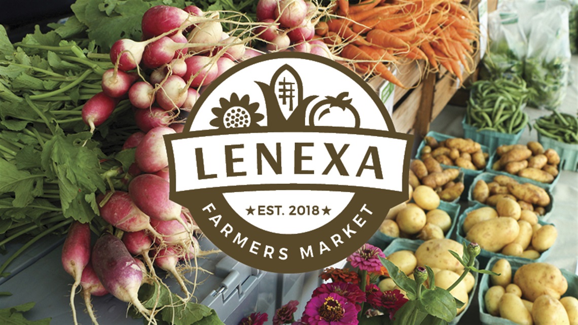 Lenexa Farmers Market logo overlaid on table full of vegetables and flowers
