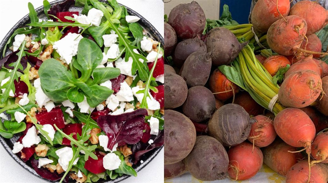 Photos of roasted beet, arugula and feta salad as well as fresh red and orange beets
