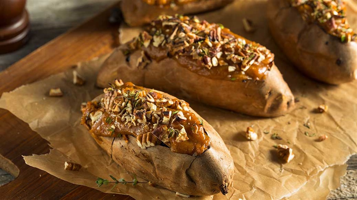 twice-baked sweet potatoes with pecans