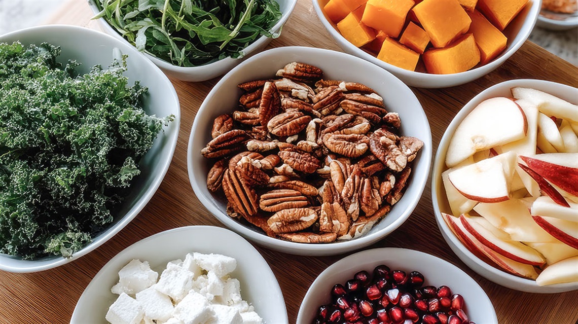 Bowls of salad ingredients including kale, butternut squash, pecans, apples, pomegranate arils, goat cheese