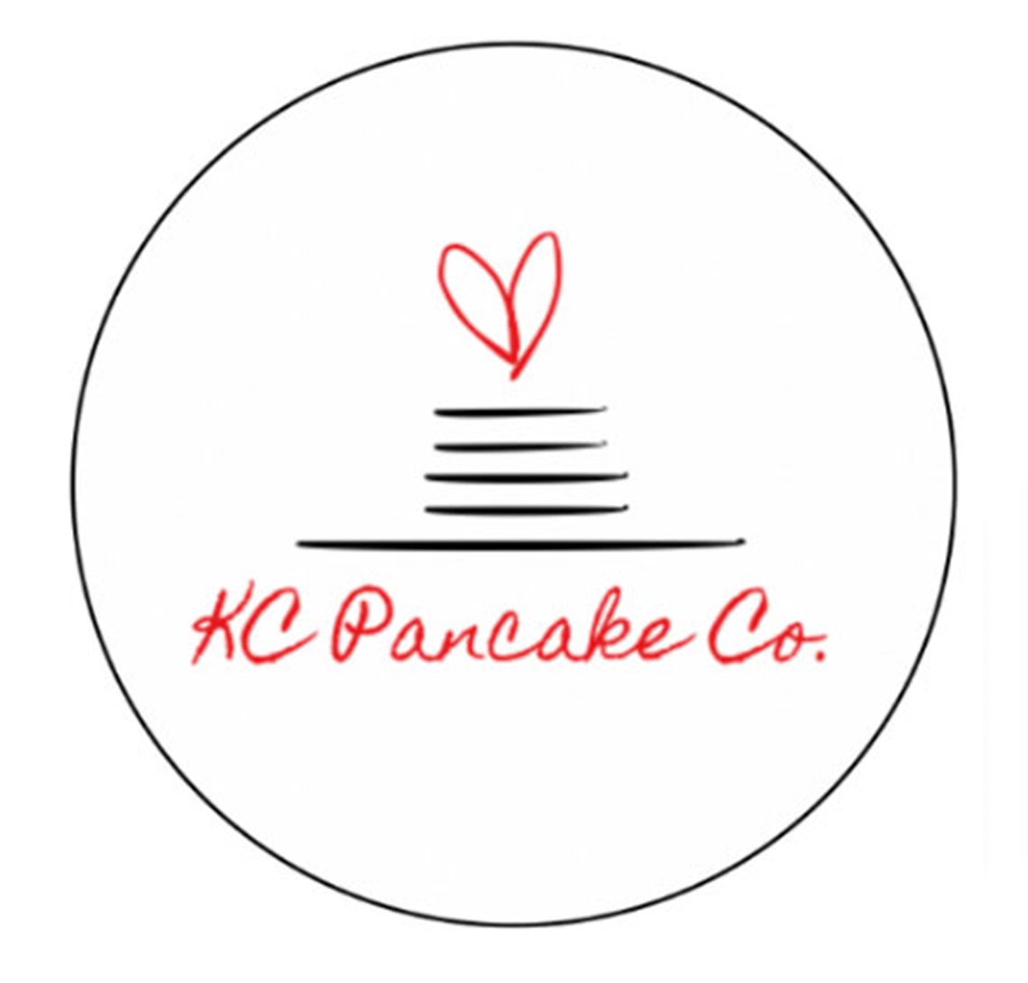 KC Pancake Co. logo featuring line drawing of pancakes on plate with heart floating on top