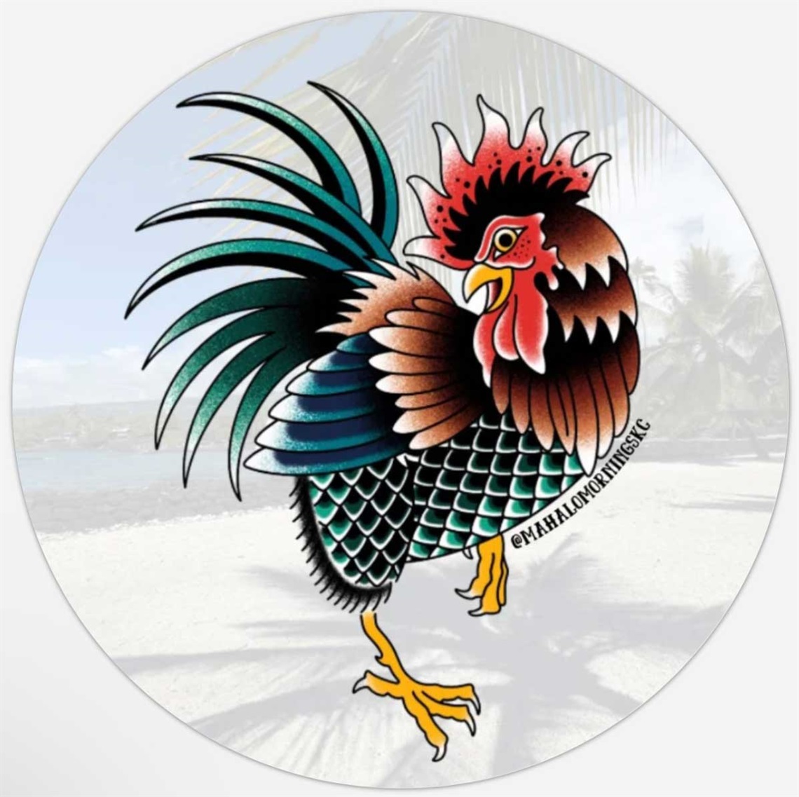 Mahalo Mornings logo featuring a rooster illustration