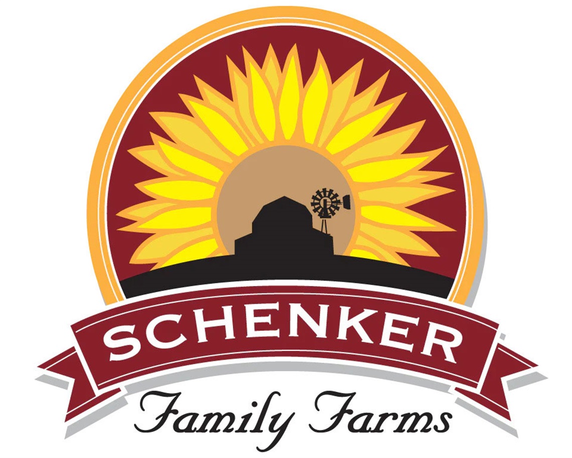 Schenker Family Farms logo with sunflower, barn and windmill