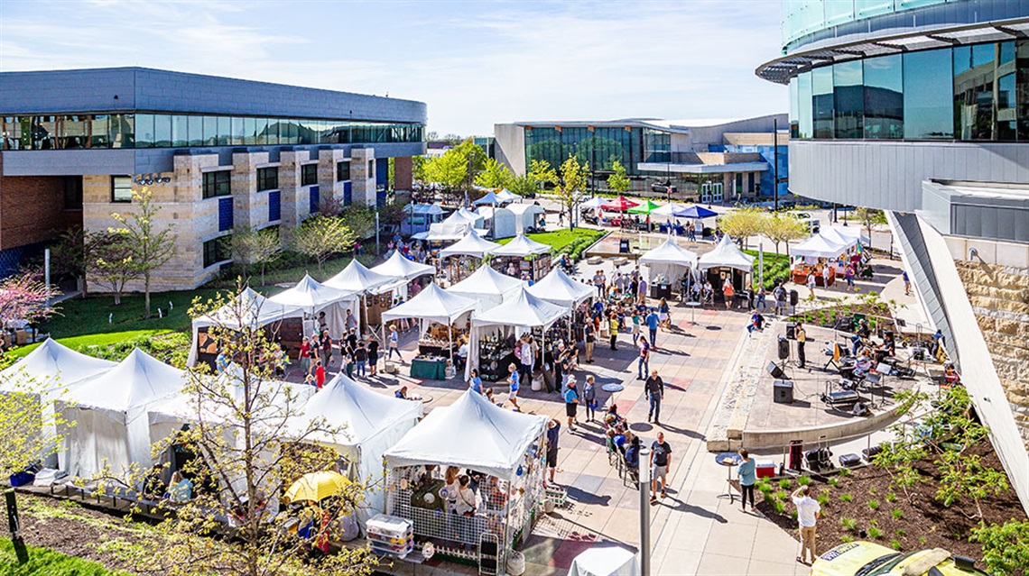 bird's eye view of artist tents and crowd