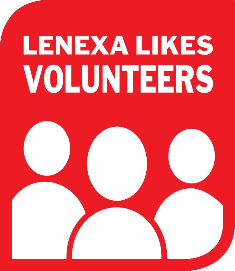 Lenexa Likes Volunteers logo with outline of three people against red background
