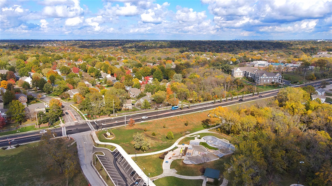 Lenexa from birds eye view with park and road