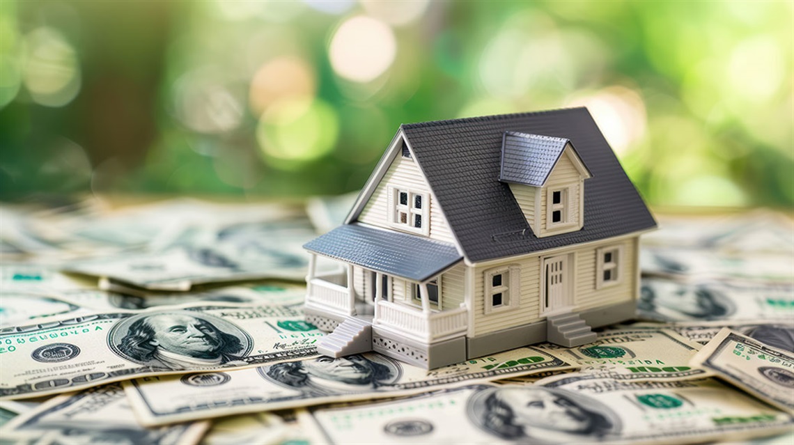 Tiny toy house sitting on pile of $100 bills