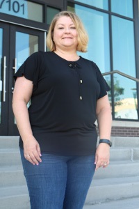 Jennifer on steps in front of City Hall