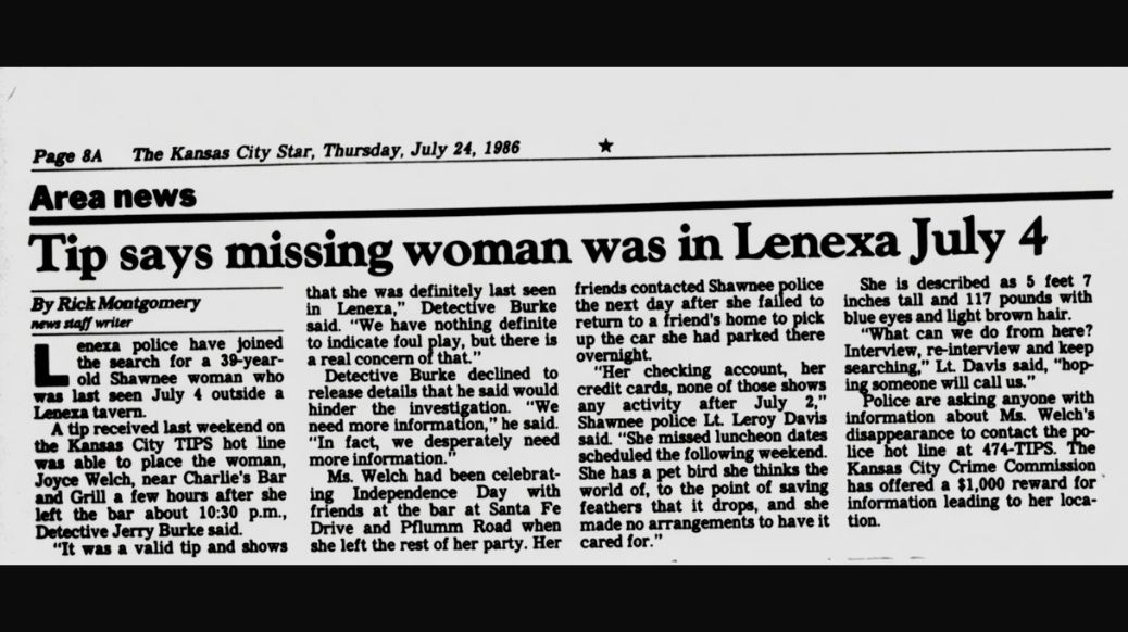 Newspaper article from 1986 for Lenexa woman who went missing