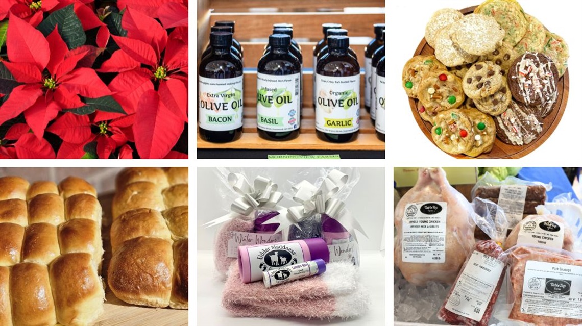 Photo collage of poinsettias; olive oils; Christmas cookies; assorted meats; lotion and socks gift set; Hawaiian rolls
