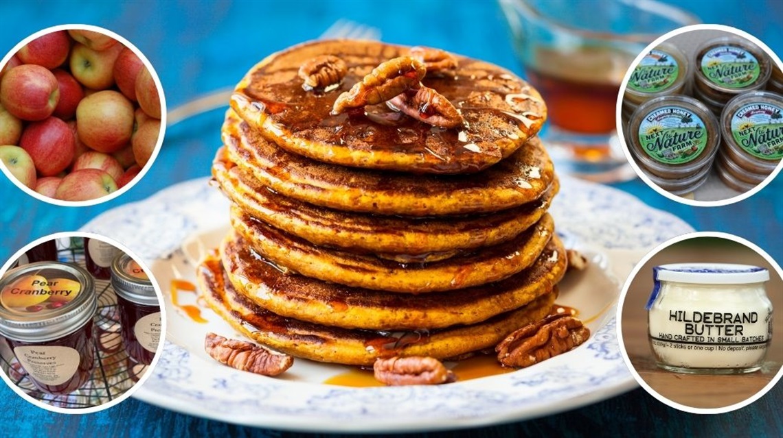 Stack of pecans on a plate covered with pecans and syrup and surrounded by inset photos of apples, jam, creamed honey, butter in jar