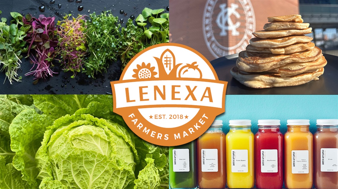 Lenexa Farmers Market logo overlaid on collage of product photos featuring microgreens, pancakes, bottled juices, Napa cabbage.
