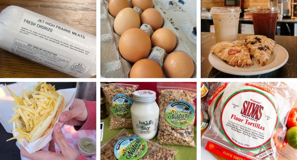 Chorizo in package, eggs in carton, iced coffees and pastries, hands holding arepa, jar of yogurt with granola, bag of tortillas