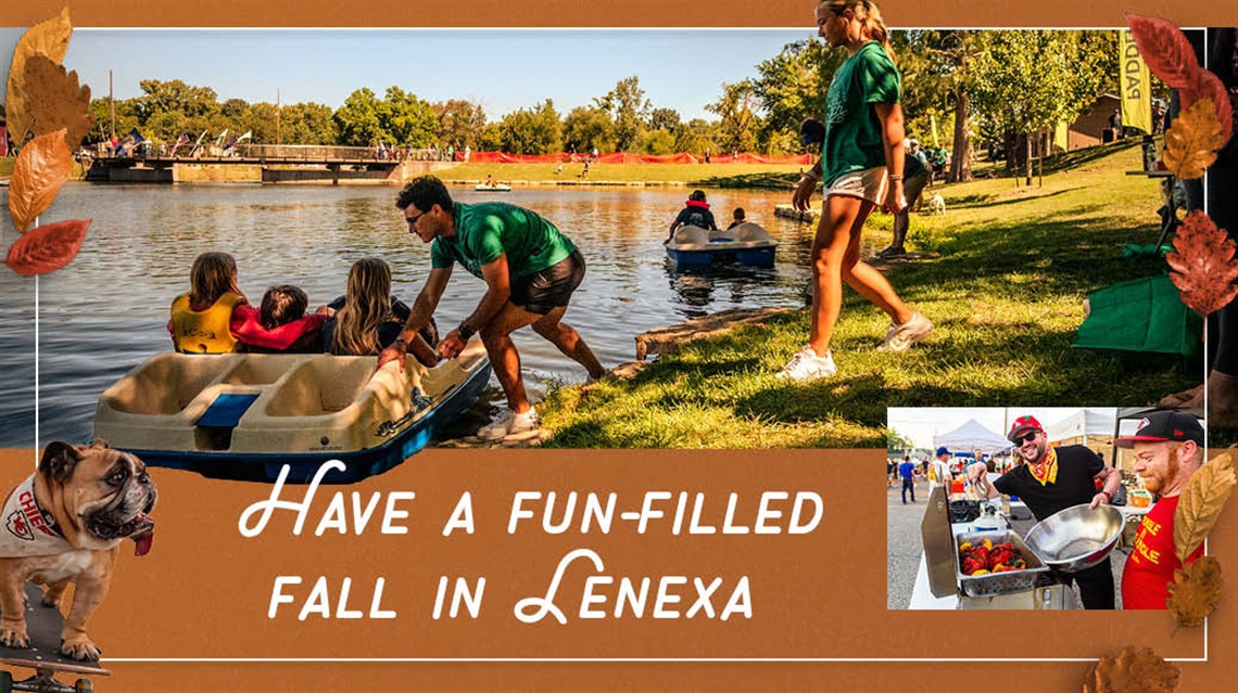 People in a paddleboat and at Chili Challenge with text reading have a fun-filled fall in Lenexa