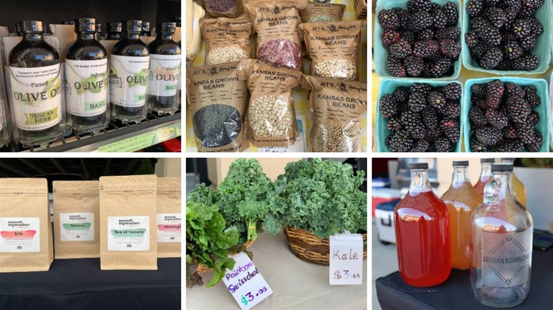 Photo grid of flavored olive oil bottles, bags of beans and lentils, pints of blackberries, growlers of kombucha, baskets of Swiss chard and kale, packages of herbal tea blends