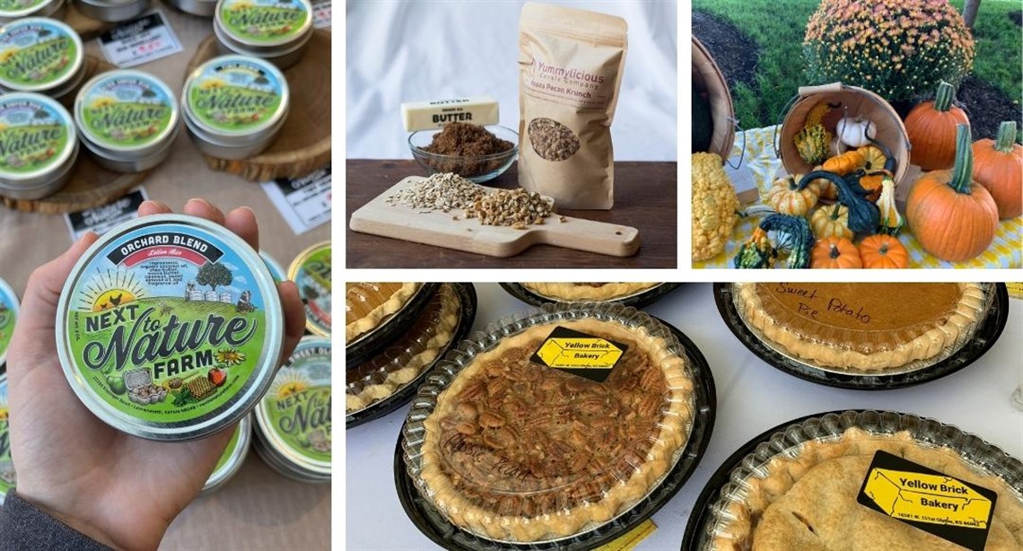 Photo grid with hand holding orchard blend lotion bar, pecan granola in package and on cutting board, harvest decor, pies