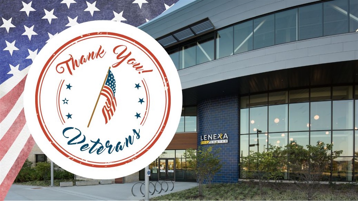Sticker emblem that says Thank You Veterans overlaid on American flag with Lenexa Rec Center exterior in background
