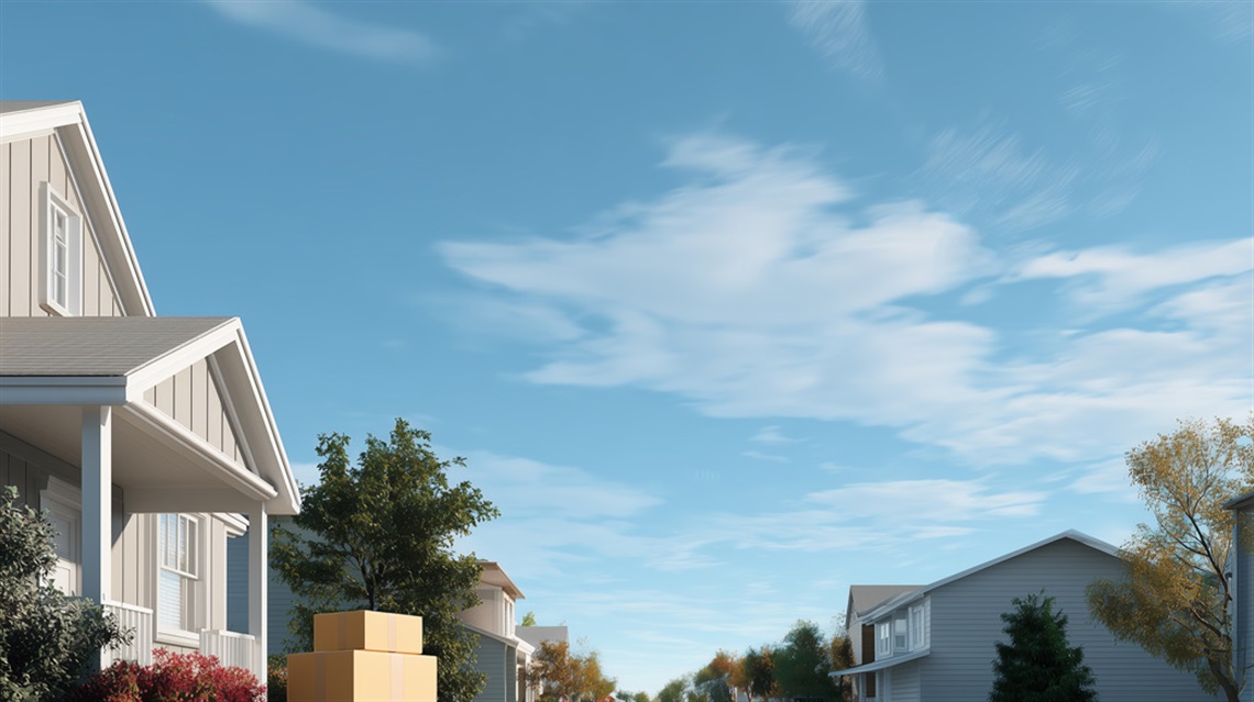 Up angle view of a street of houses with packages near porch