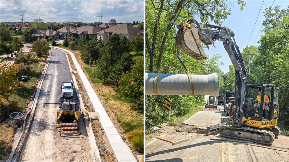 Photos of  construction equipment doing street reconstruction and replacing a stormwater pipe