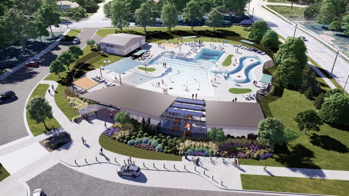 Bird's-eye view of conceptual design for Ad Astra Pool entry area and amenities facing south