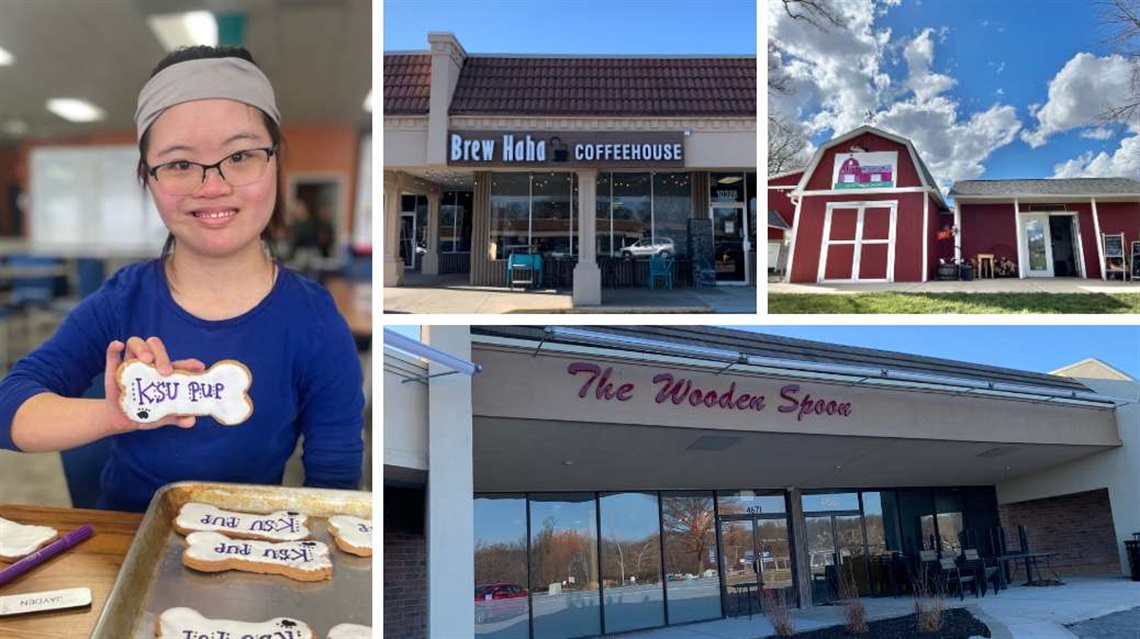 Photo collage showing young woman holding up iced dog biscuit, Brew Haha Coffeehouse exterior, JET Produce and Meats farm store exterior, The Wooden Spoon restaurant exterior
