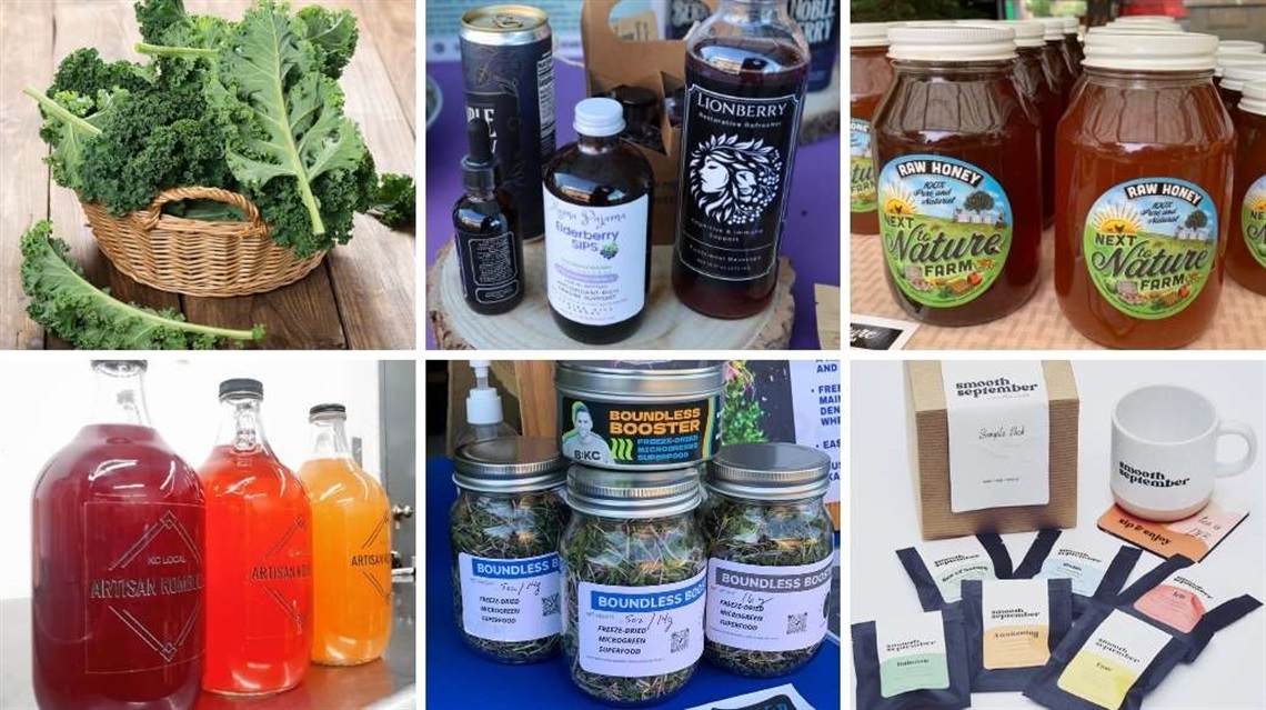 Collage showing wicker basket of fresh kale, various elderberry products, jars of honey, tea mug and tea packet sampler, jars of freeze-dried microgreens, growlers of kombucha