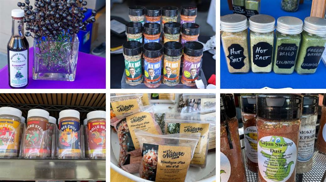 Photo collage showing elderflower vinegar, bottles of spice rubs, jars of hot sale and freeze-dried cilantro, bottles of taco seasoning, bags of flavored sea salt, bottles of barbecue rubs