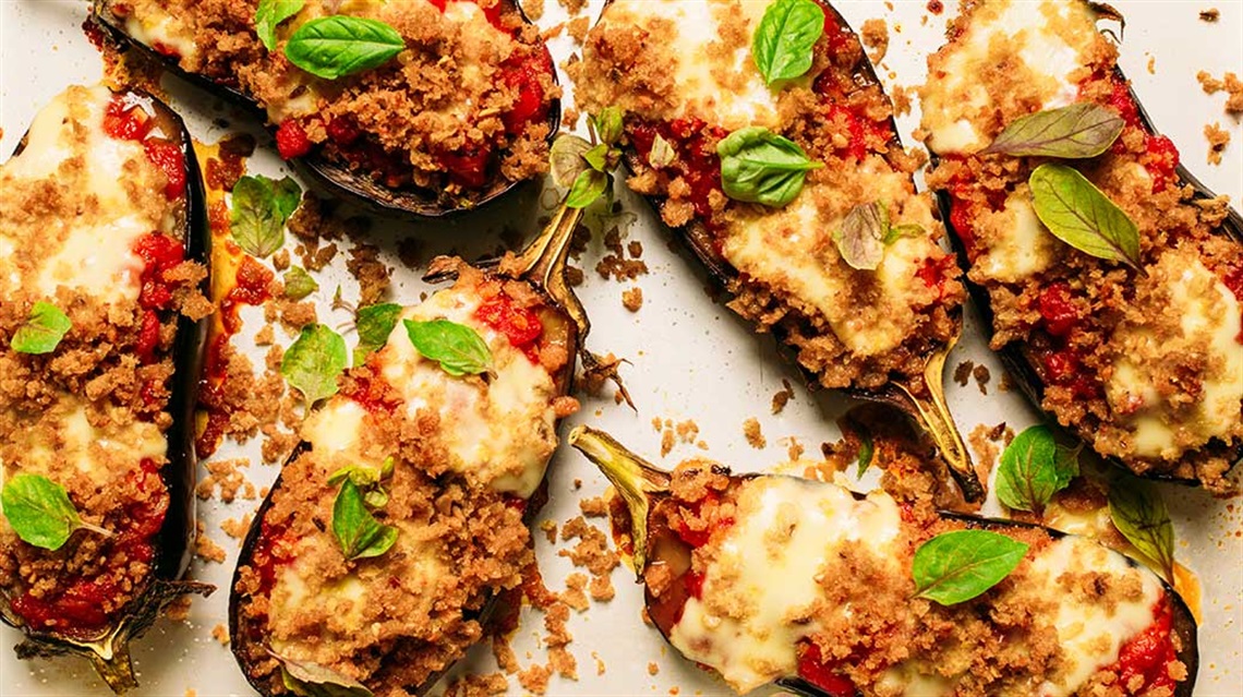 Aerial view of eggplant parmesan