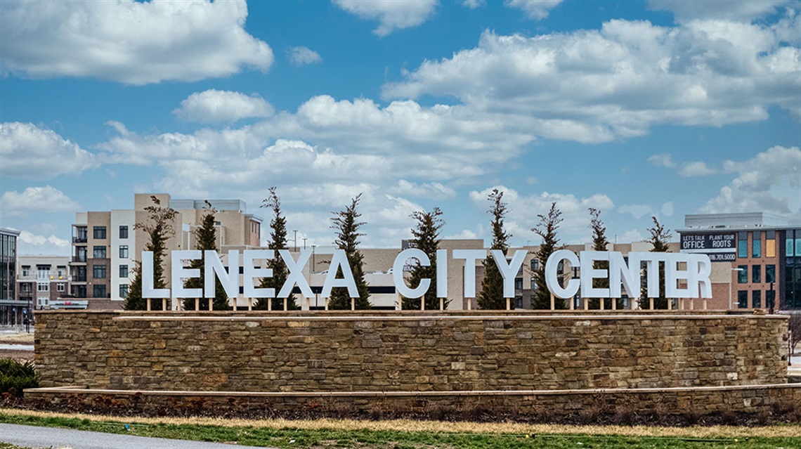 Lenexa City Center sign and fountain