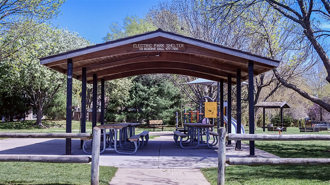 Park shelter with picnic tables