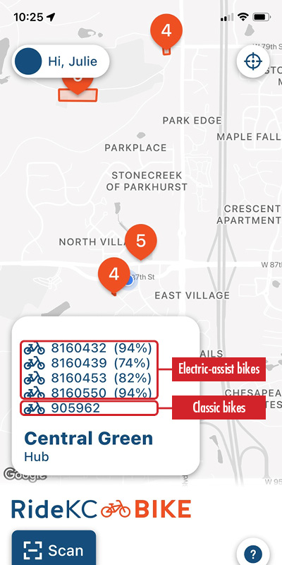 RideKC Bike app screenshot of map